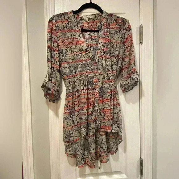 American Rag Pleated Smocked Button V Neck Tie Flowy Peasant Top Floral Size M - Picture 1 of 10